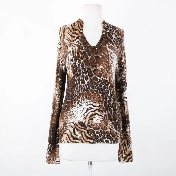 Alberto Makali Sz M Brown White Beaded V Neck Animal Print Viscose Spandex Top - Picture 11 of 16